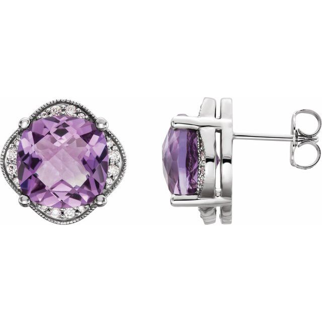 Amethyst & Diamond Cushion Stud Earrings in Gold and Platinum