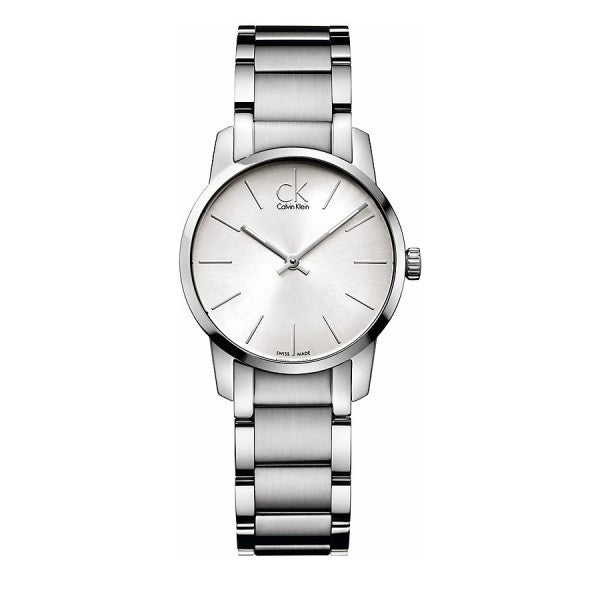 Silver Calvin Klein watch on a white background