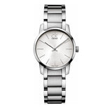 Silver Calvin Klein watch on a white background