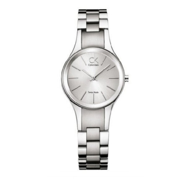 Silver Calvin Klein watch on a white background