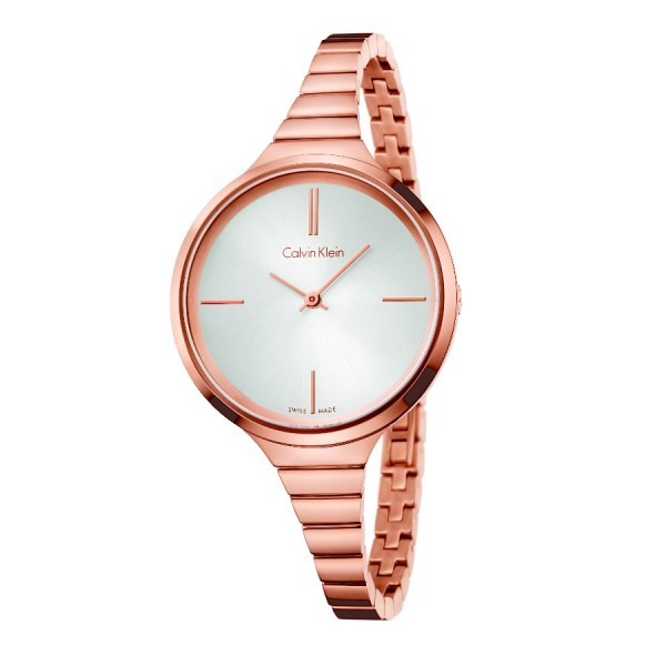 Calvin Klein Lively K4U23626 watch with a rose gold-tone stainless steel case and a silver dial