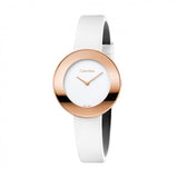 Calvin Klein watch with white strap and rose gold case on a white background