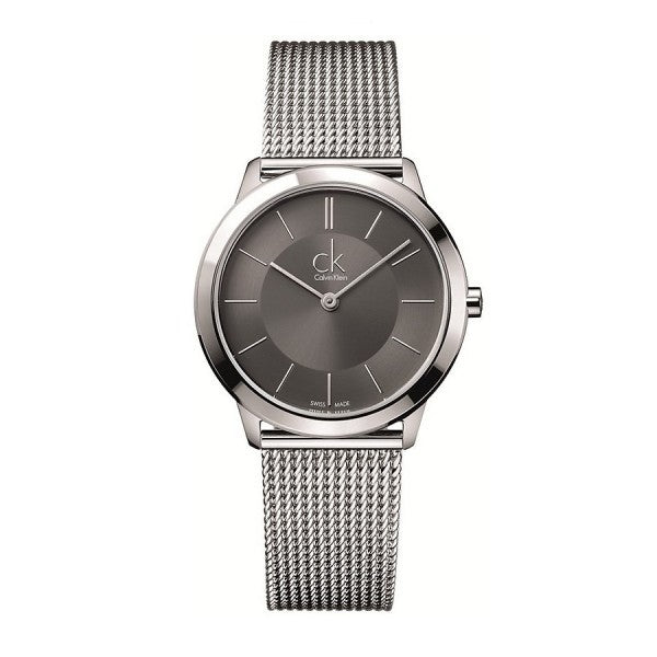 Silver Calvin Klein watch with mesh band on a white background