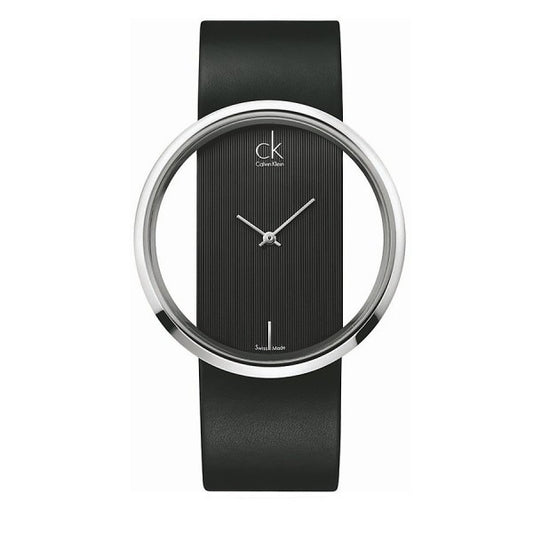 Calvin Klein Ladies Glam Watch K9423107|Silver Stainless Case|Black Leather Band