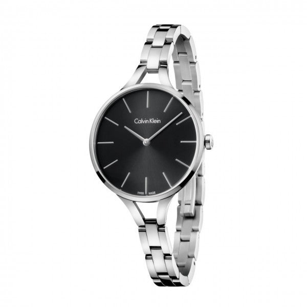Calvin Klein watch with black dial and silver metal bracelet on a white background