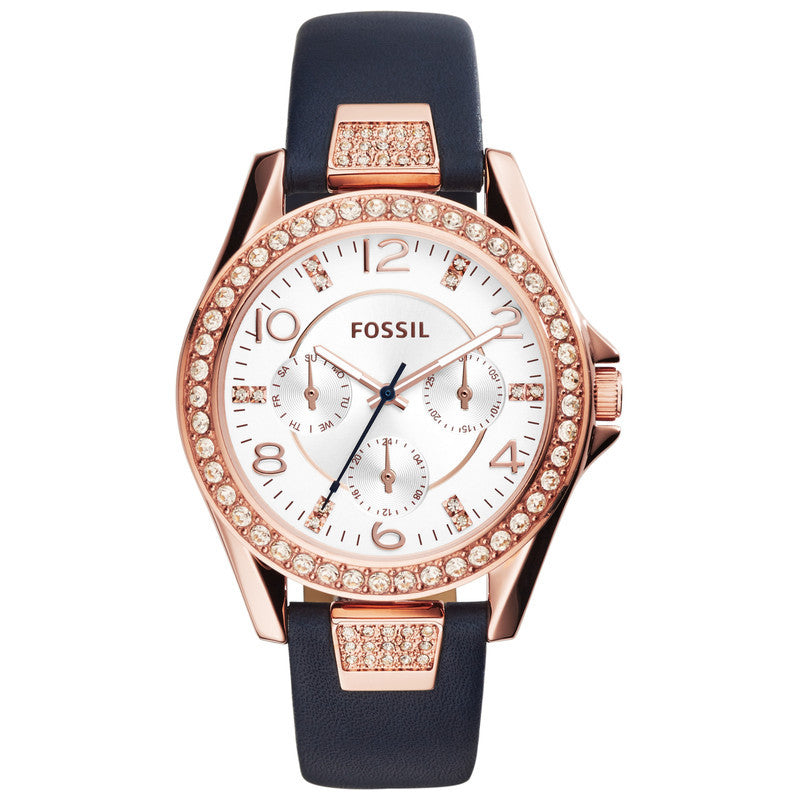 Fossil Riley ES3887 Ladies’ Rose-Gold Plated Watch – Crystal Bezel