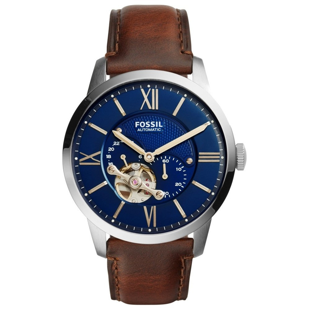 Fossil Townsman  Men’s Automatic Watch – Blue Dial, Brown Leather Strap