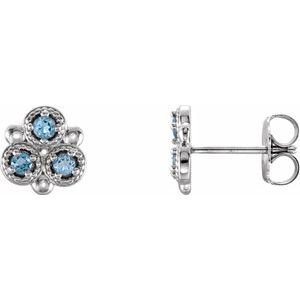 Aquamarine Round Three-Stone Stud Earrings in Gold and Platinum