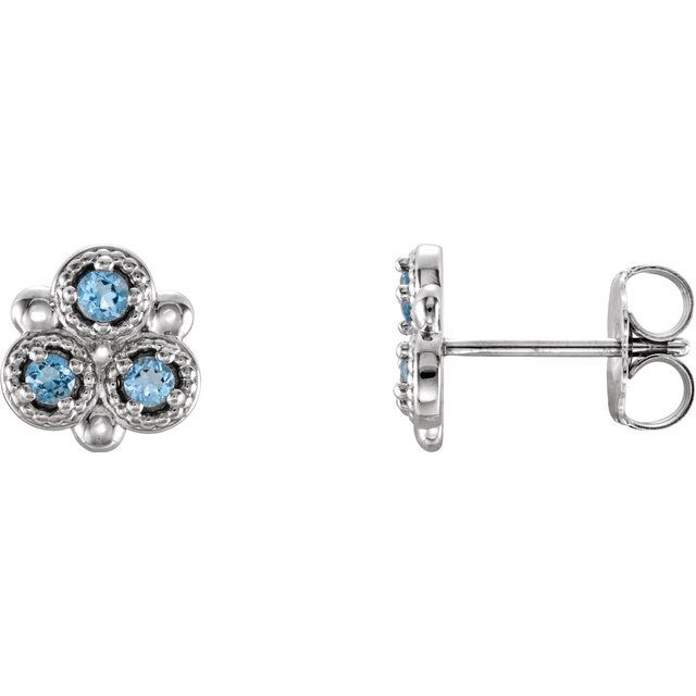 Aquamarine Round Three-Stone Stud Earrings in Gold and Platinum