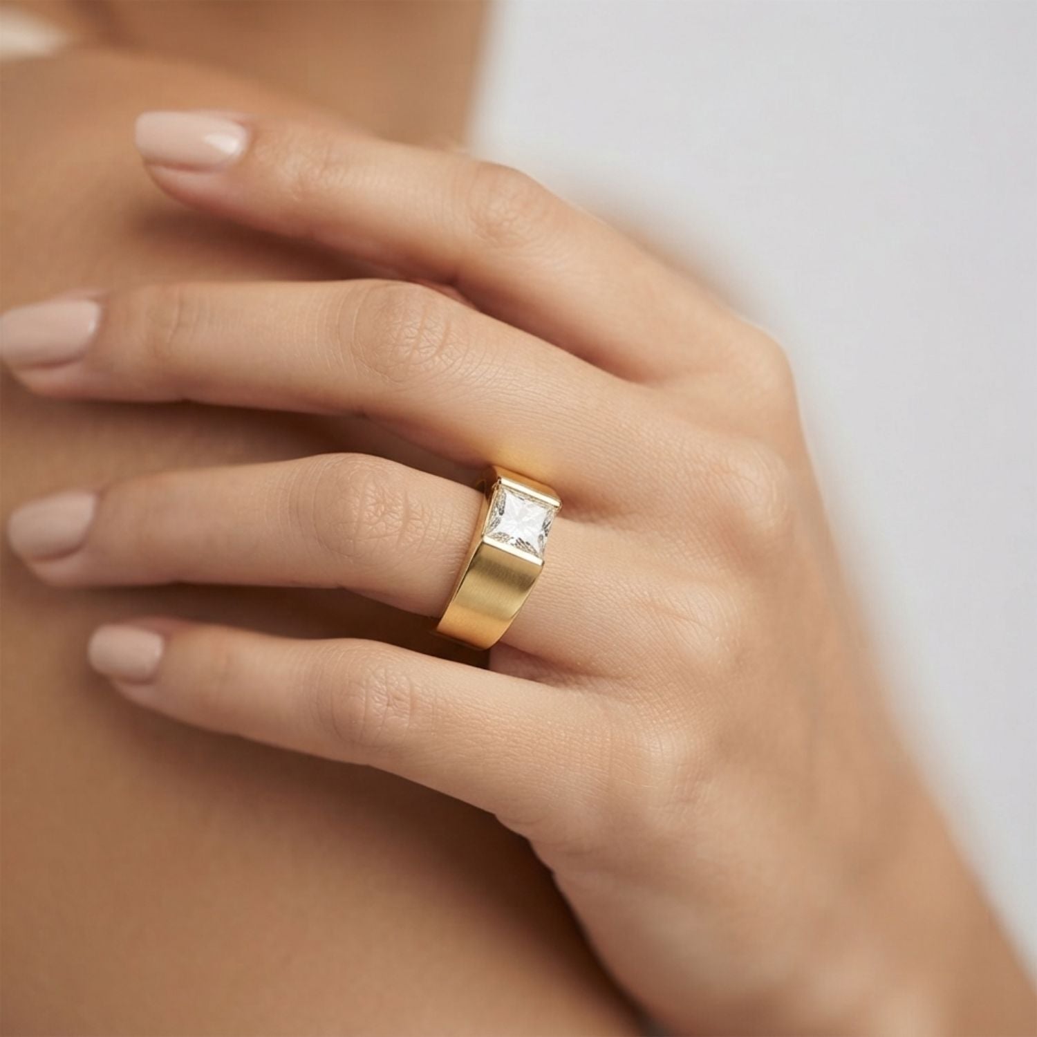 IGI Lab-Grown D-VVS Princess Cut Sleek Tapered Diamond Solitaire Engagement Ring.