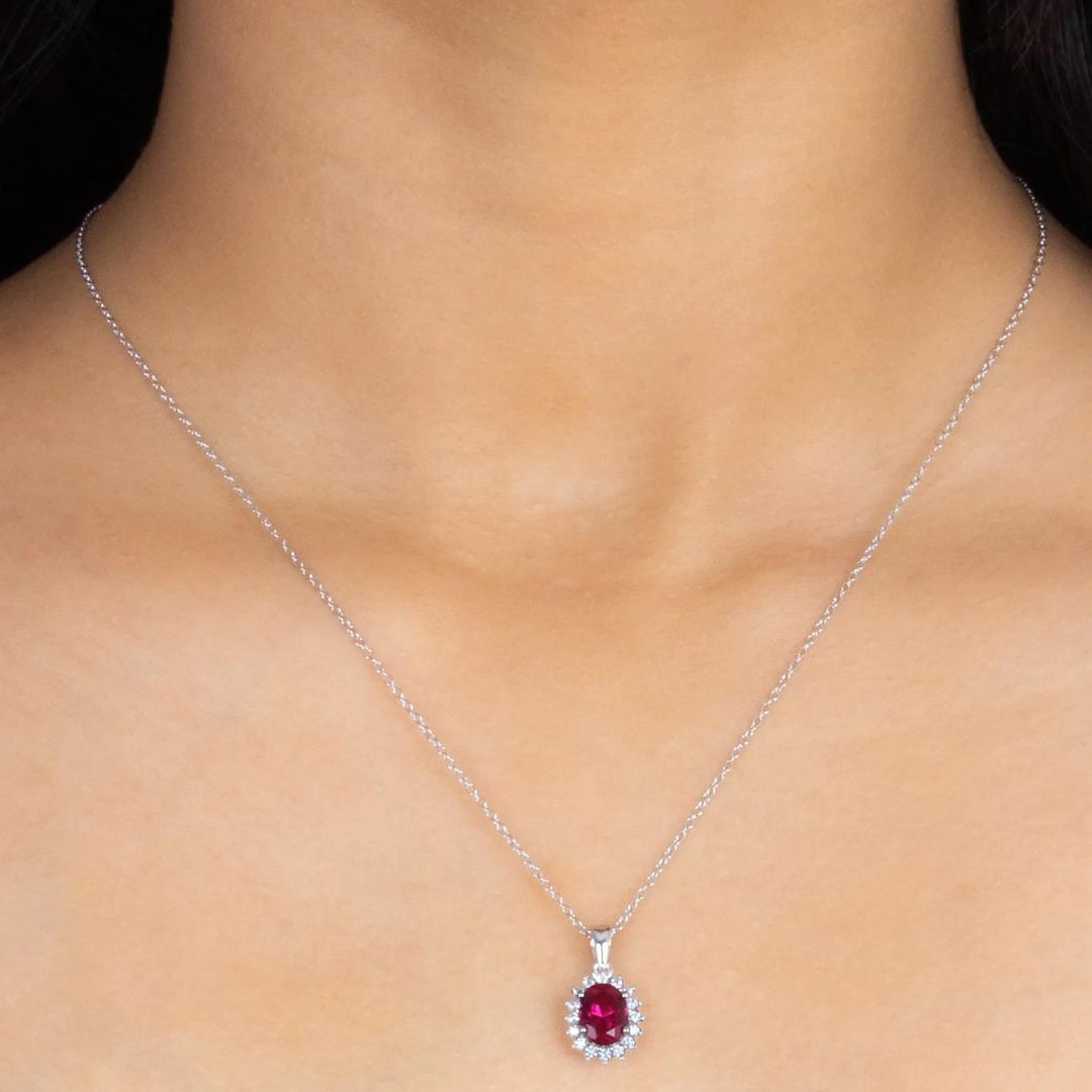 Ruby Pendant Necklace With Lab Diamonds In Silver