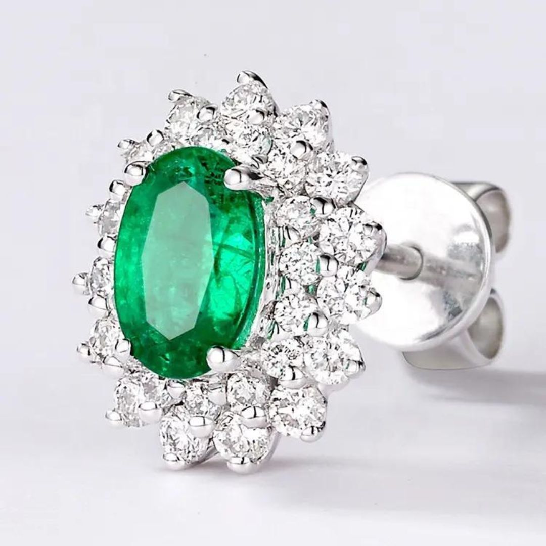 Lab Emerald Lab Diamond Cluster Earrings In 18K White Gold