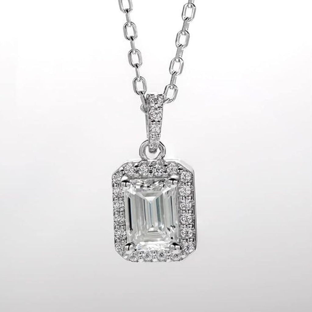Emerald Cut Lab Diamond Halo Pendant Necklace