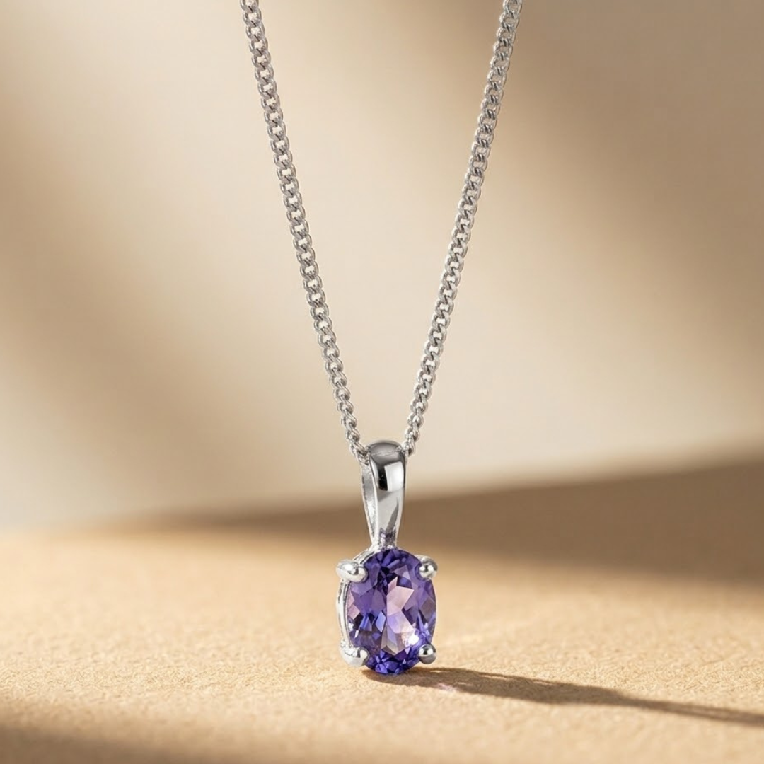 7 x 5mm Oval Tanzanite Solitaire Pendant Necklace in 925 Sterling Silver (0.85ct)