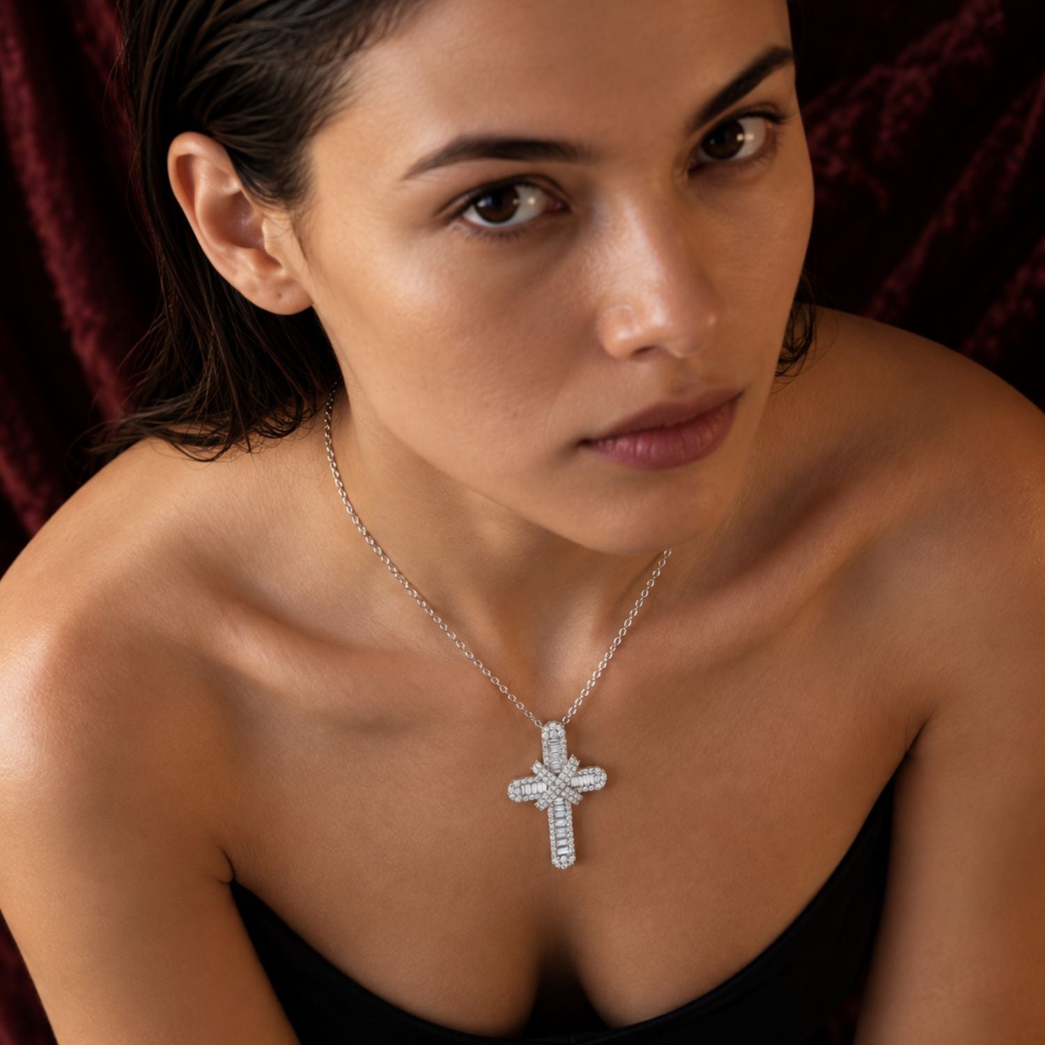 1.25 Ct Natural Baguette & Round Diamond Cross Pendant | 9K White Gold