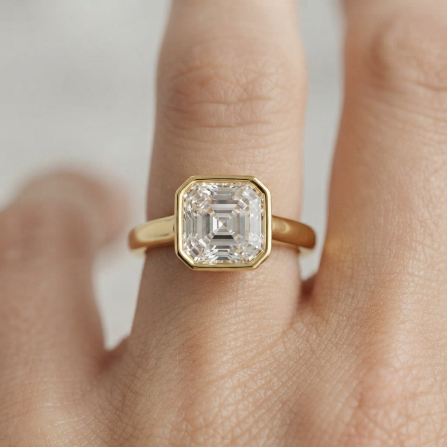 Lab-Grown Asscher Cut Diamond Bezel Set Solitaire Engagement Ring, D Color VVS Clarity