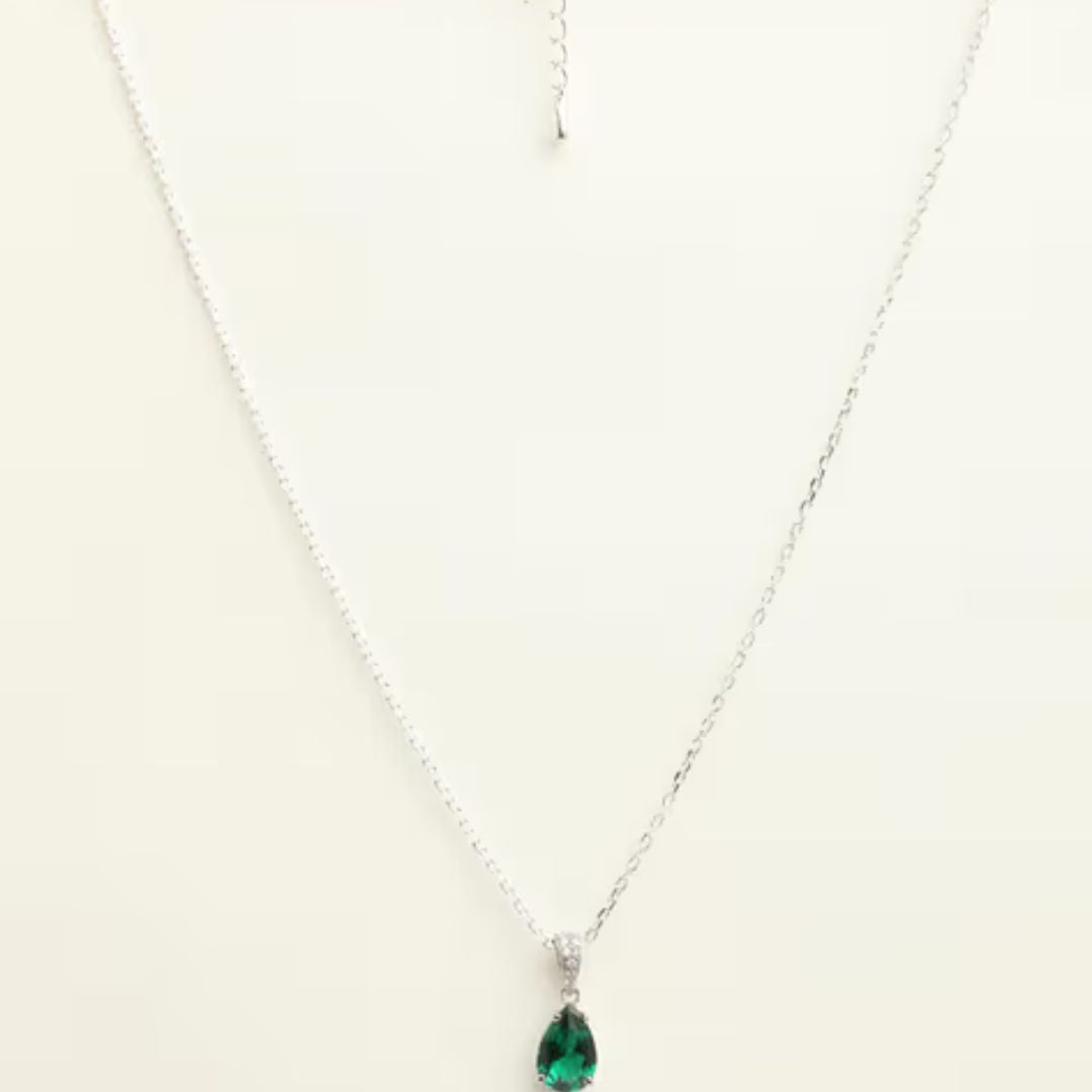 Lab Emerald And Diamond Solitaire Pear Cut Necklace In Silver