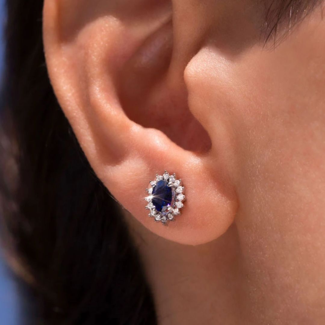 Sapphire Diamond Halo Earrings White Gold