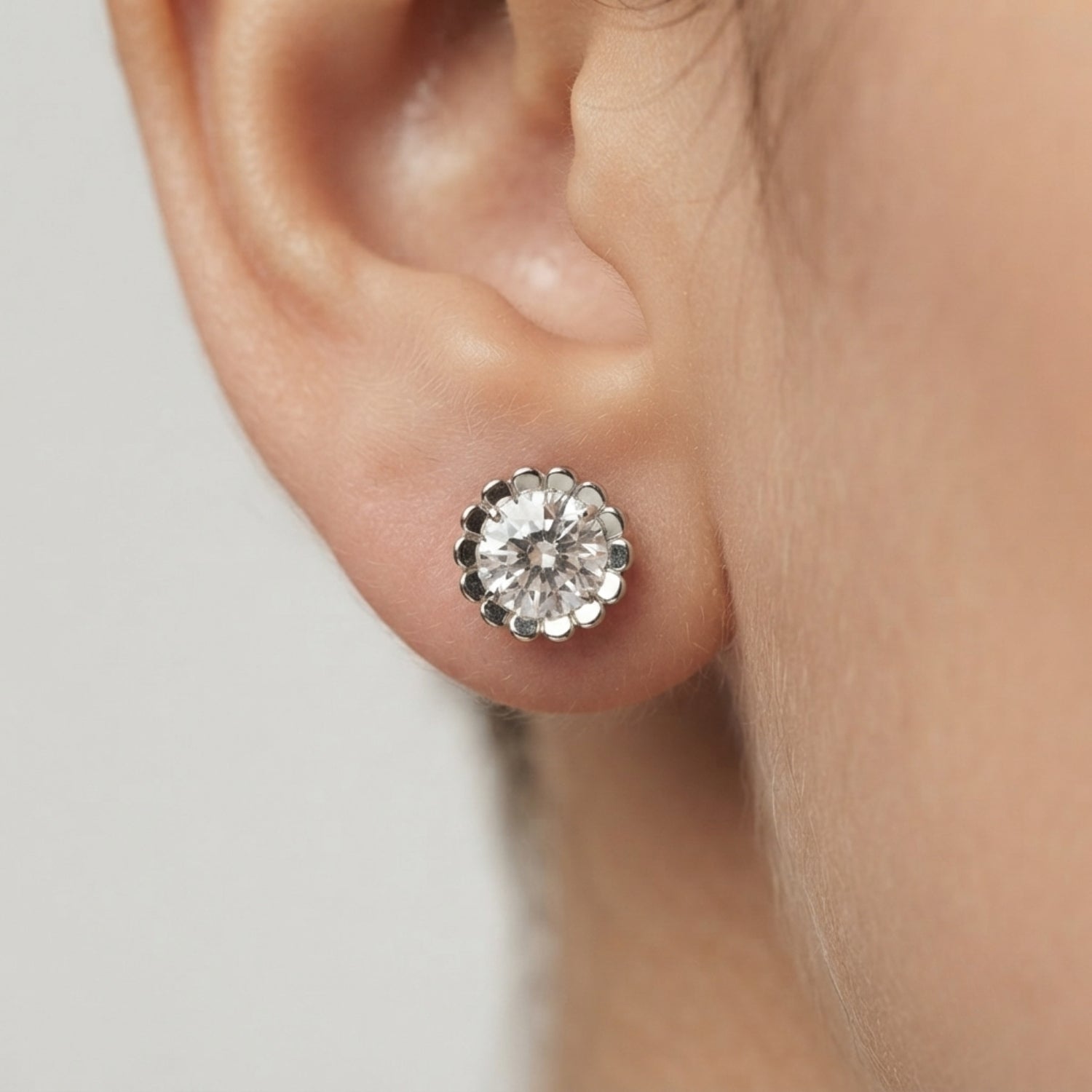 Stud Earrings with Floral Bezel Set Diamonds - Solid Gold