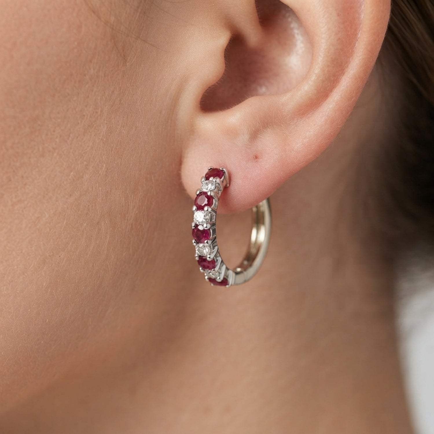 Ruby Diamond Hoop Earrings in 9K White Gold | Round Cut Prong Set