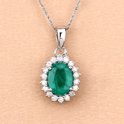 Oval Shape Emerald Pendant Lab Diamonds In Silver