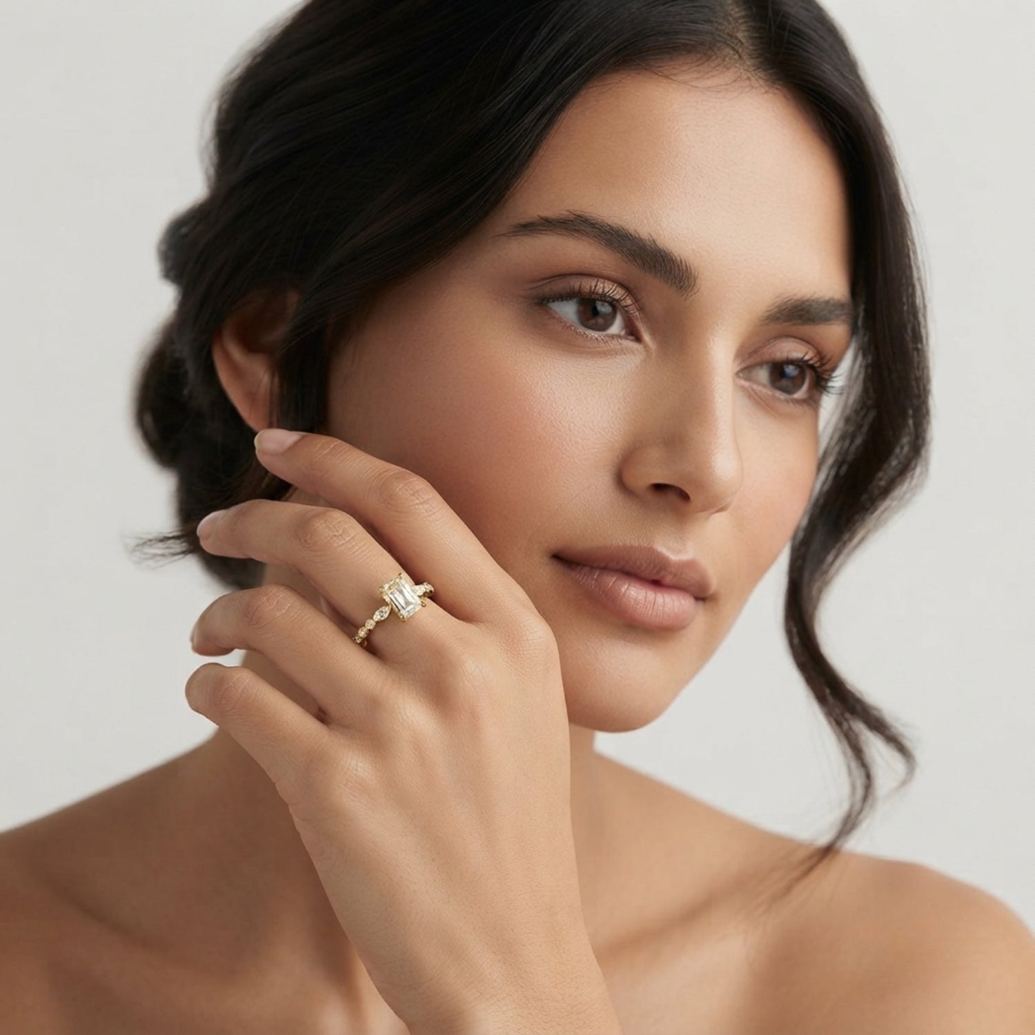White Gold Radiant Cut Diamond Engagement Ring with Teardrop Side Stones