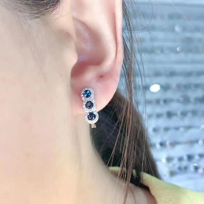 1.50Ct Sapphire Blue and Round Lab Grown Diamond Hoop Earrings in White Gold