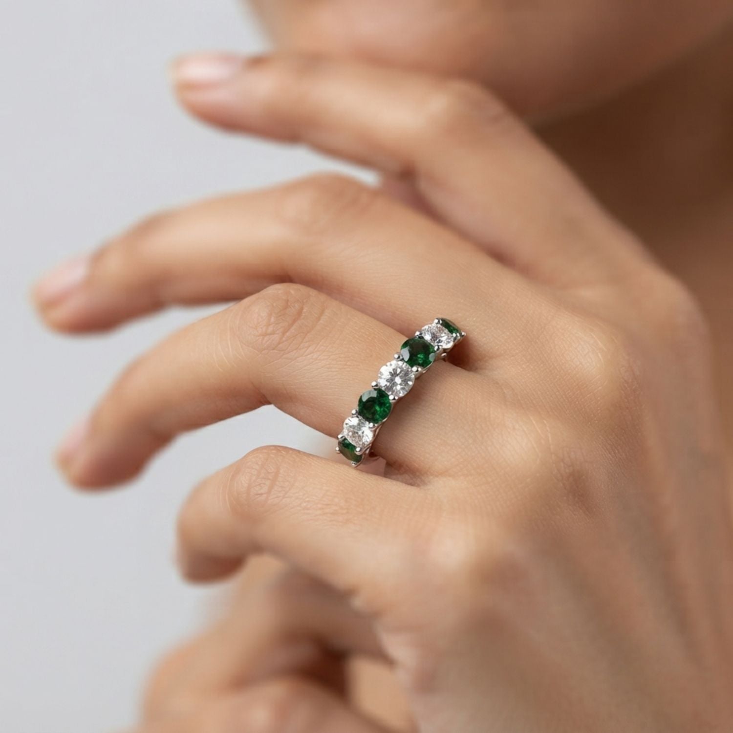 Emerald Half Eternity Ring with Round Natural Diamonds | Wedding Band