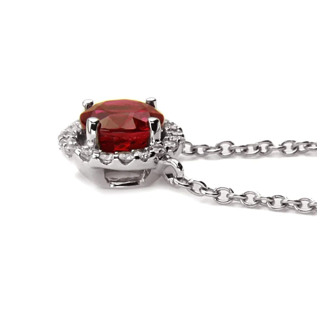 Lab Ruby and Diamond Halo Round Cut Necklace In Silver