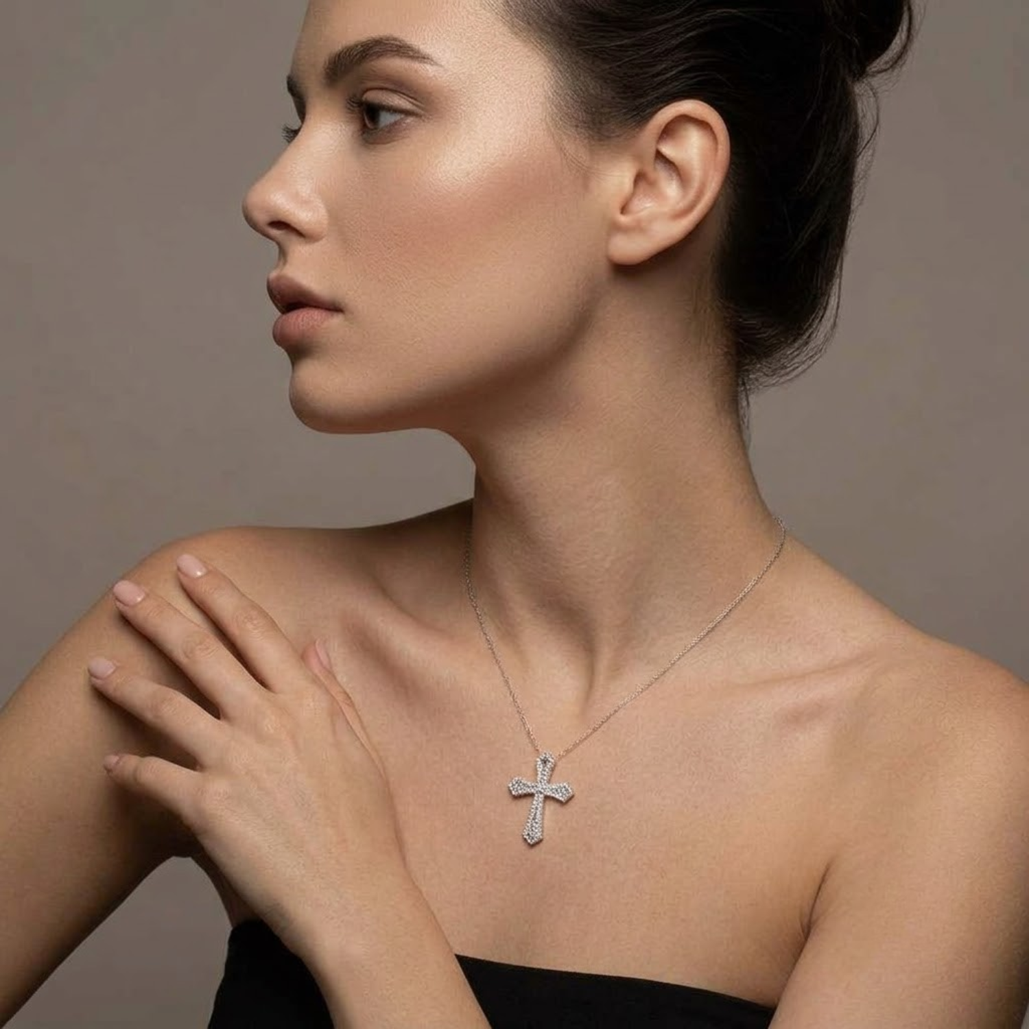 Vintage Inspired Baguette Diamond Cross Pendant Necklace | Gold or Platinum