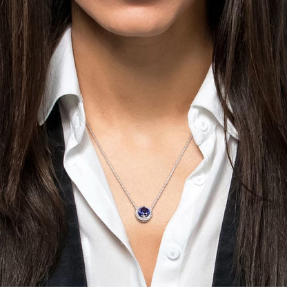 Lab Sapphire And Diamond Halo Round Cut Necklace In Silver