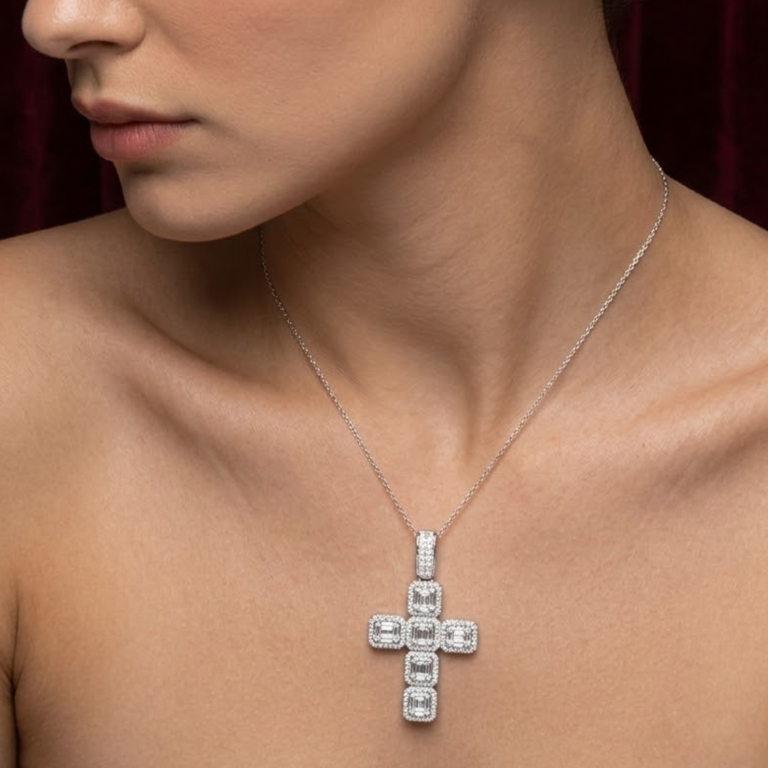 Art Deco Emerald Cut Diamond Cross Pendant Necklace | Halo Diamond Cross
