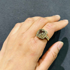 Natural Brown Quartz & Diamond Double Halo Engagement Ring in 14K Yellow Gold