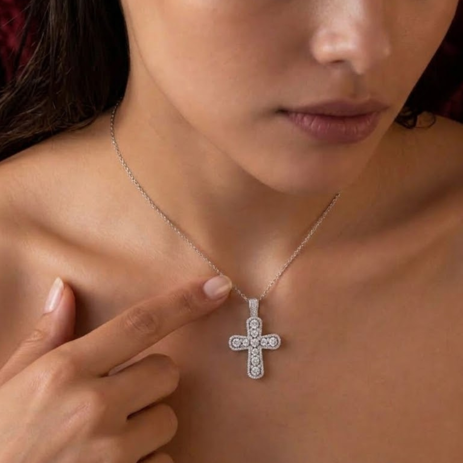 1.25Ct Pave Diamond Cross Pendant Necklace in Gold or Platinum