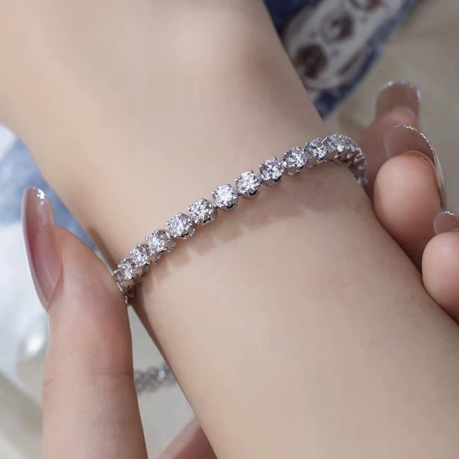 3.10Ct Natural Round Diamond Tennis Bracelet, 9K White Gold Crown Set Diamond Bracelet