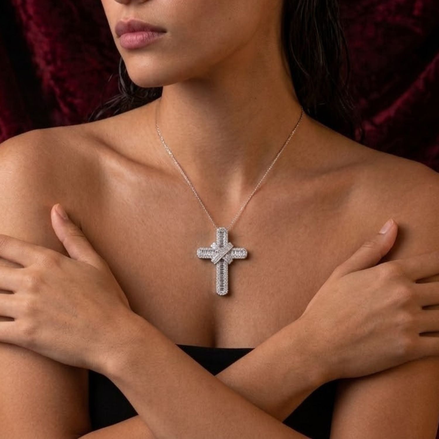5Ct Baguette Diamond Cross Pendant with Round Diamond Border