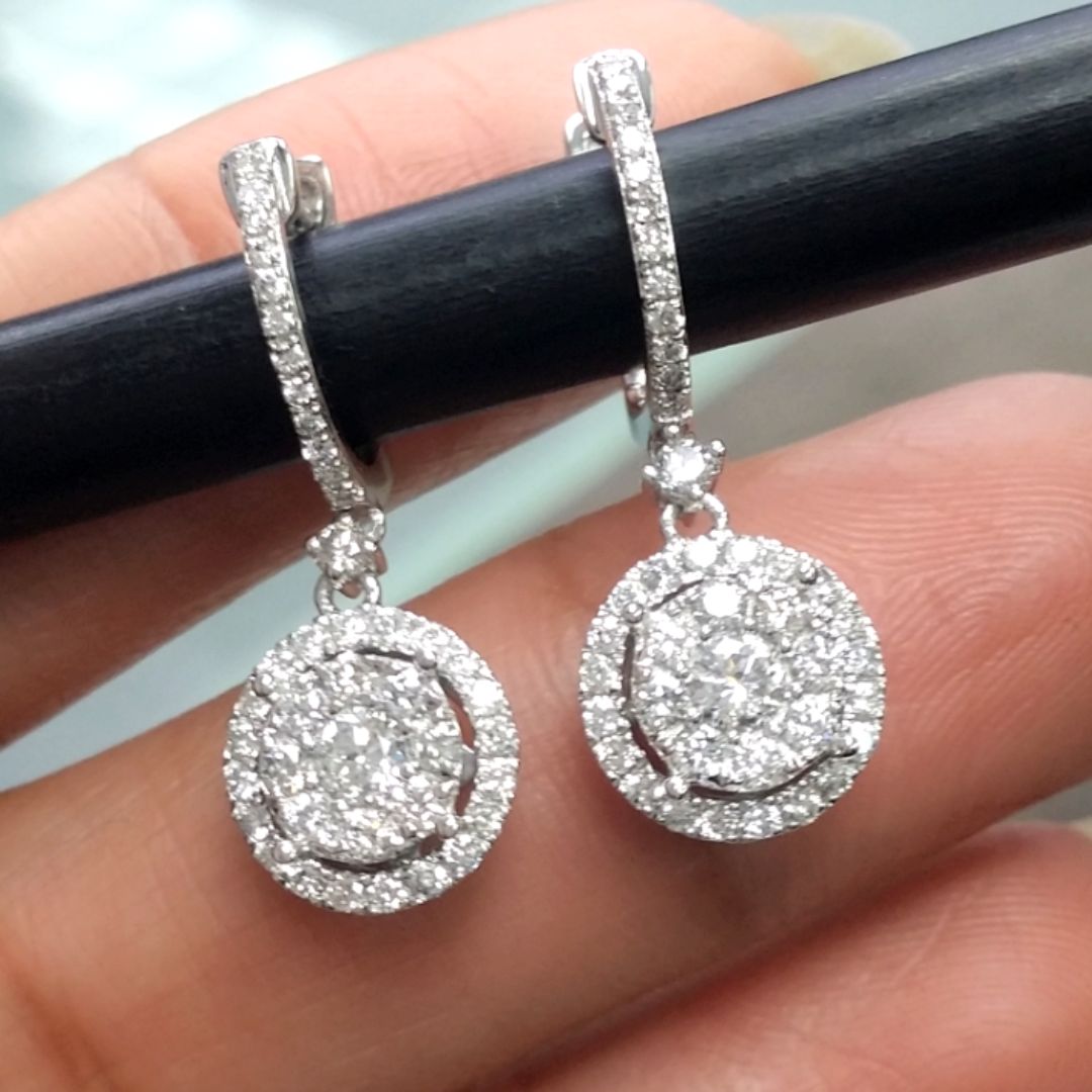 Halo Diamond Drop Earrings in White Gold