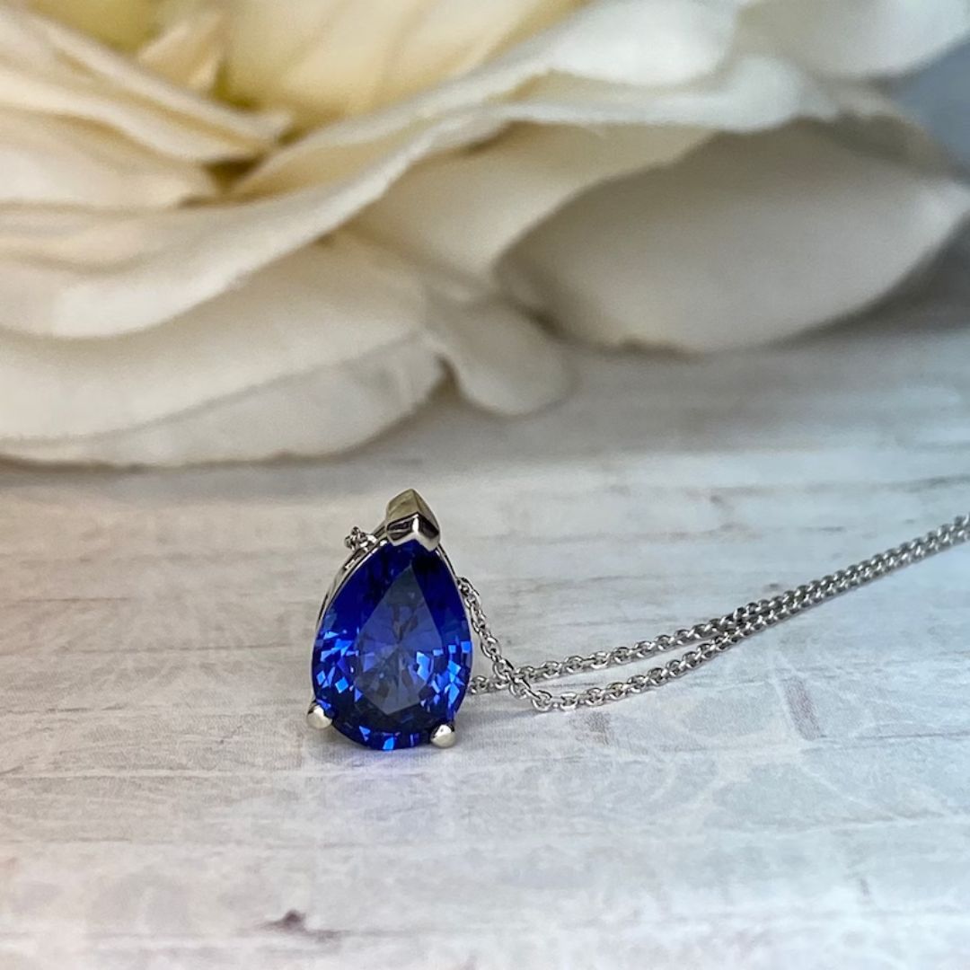 Lab Sapphire Diamond Solitaire Necklace In Silver