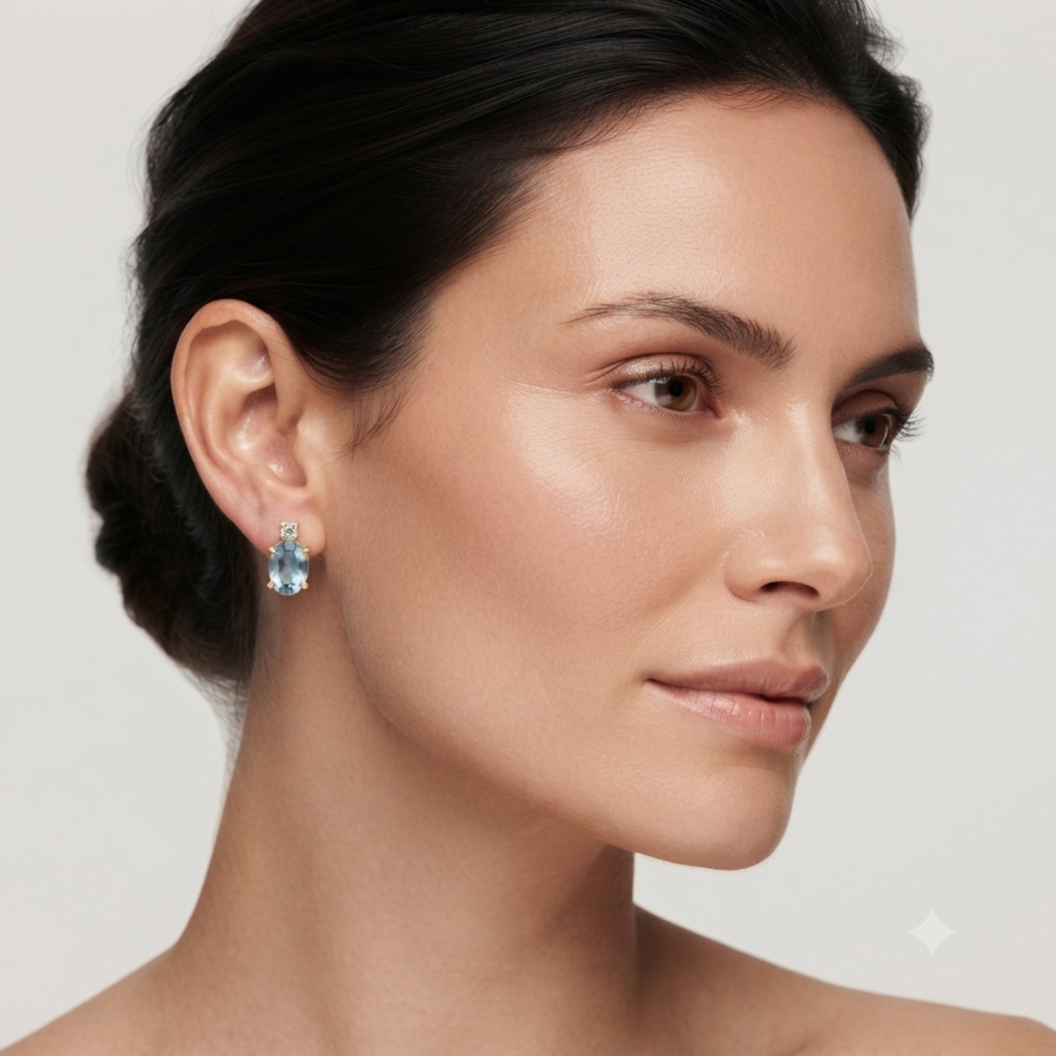 Stud Earrings with Aquamarine Oval Solitaire and Diamond - Gold