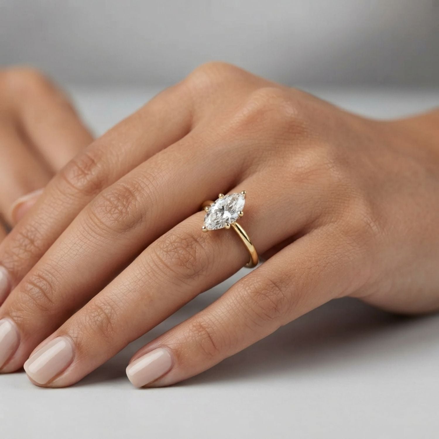 IGI Lab-Grown Marquise Cut Diamond  Floral Six-Prong Solitaire Engagement Ring.