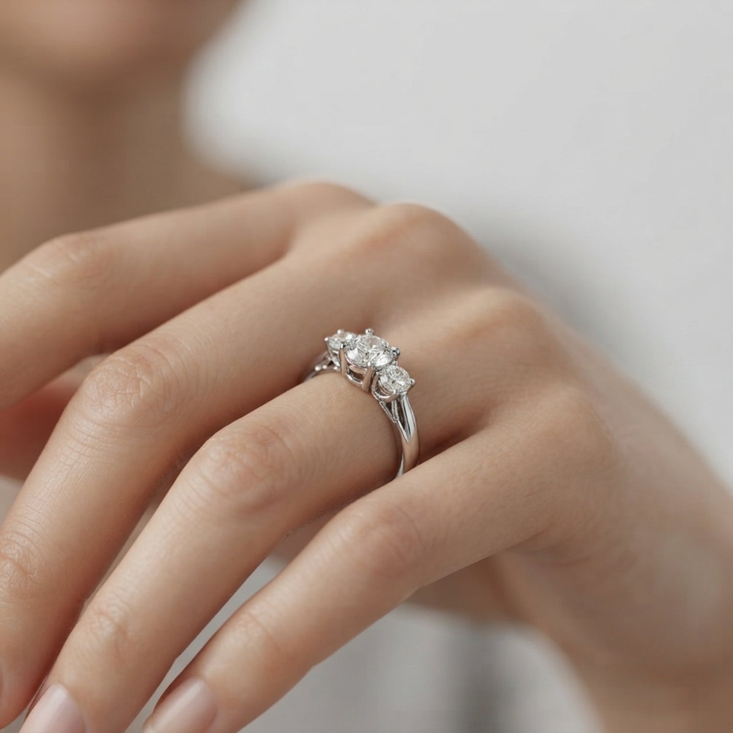 Lab Grown Round Diamond Prong Set 3 Stone Engagement Ring Platinum In DE/VS 2.00Ct