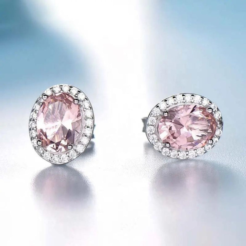 Oval Pink Sapphire Halo Stud Earrings 9K White Gold UK Jewellery