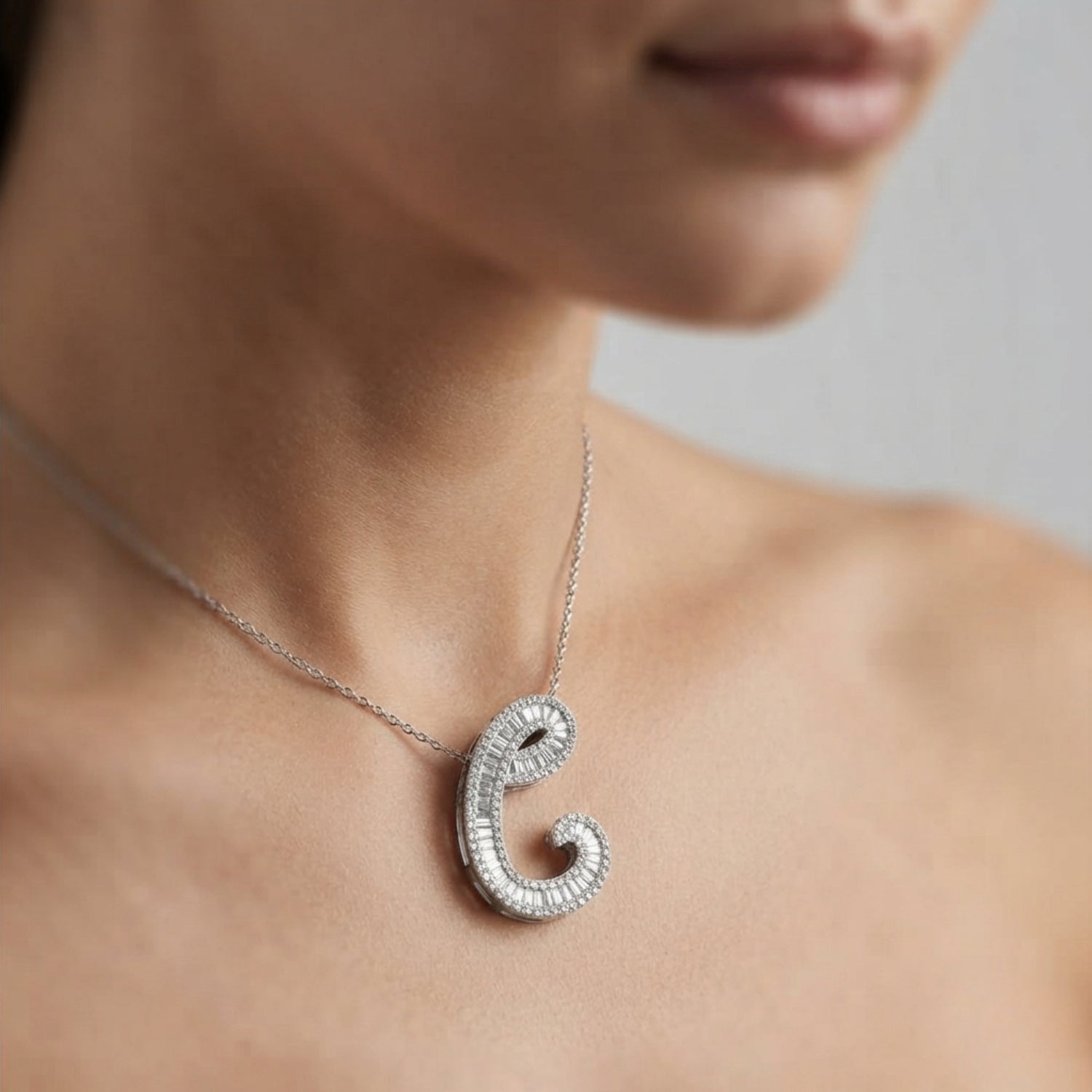 Initial Diamond Pendant Necklace with Baguette and Round Diamonds