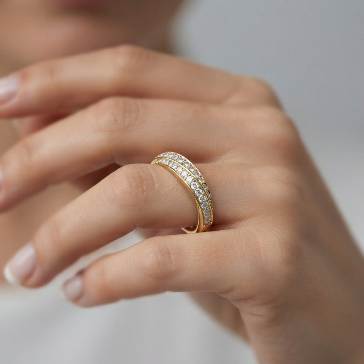 Multirow Pave Twisted Shank Half Eternity Ring in Gold & Platinum