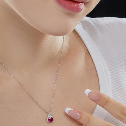 Ruby Diamond Halo Necklace In 18K White Gold