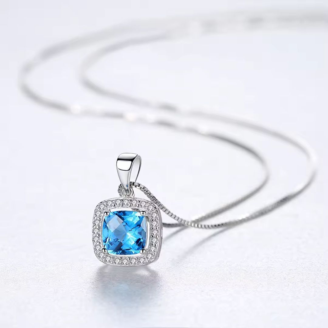 Blue Topaz And Lab Diamond Halo Square Necklace