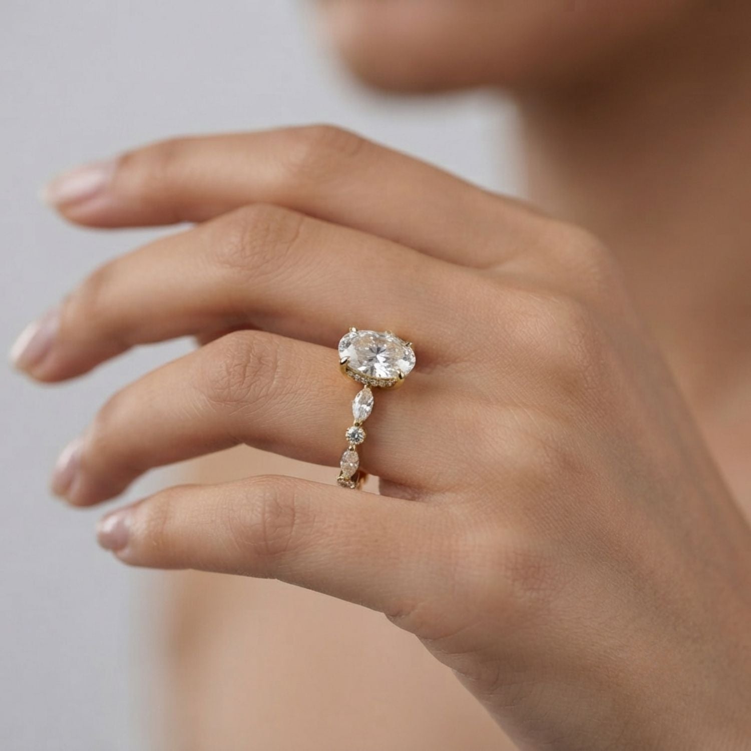 Oval Diamond Solitaire Engagement Ring with Marquise & Round Accent Band