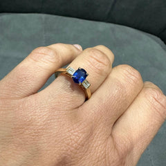 9K Yellow Gold Prong Set Three Stone Natural Sapphire Oval Diamond Ring