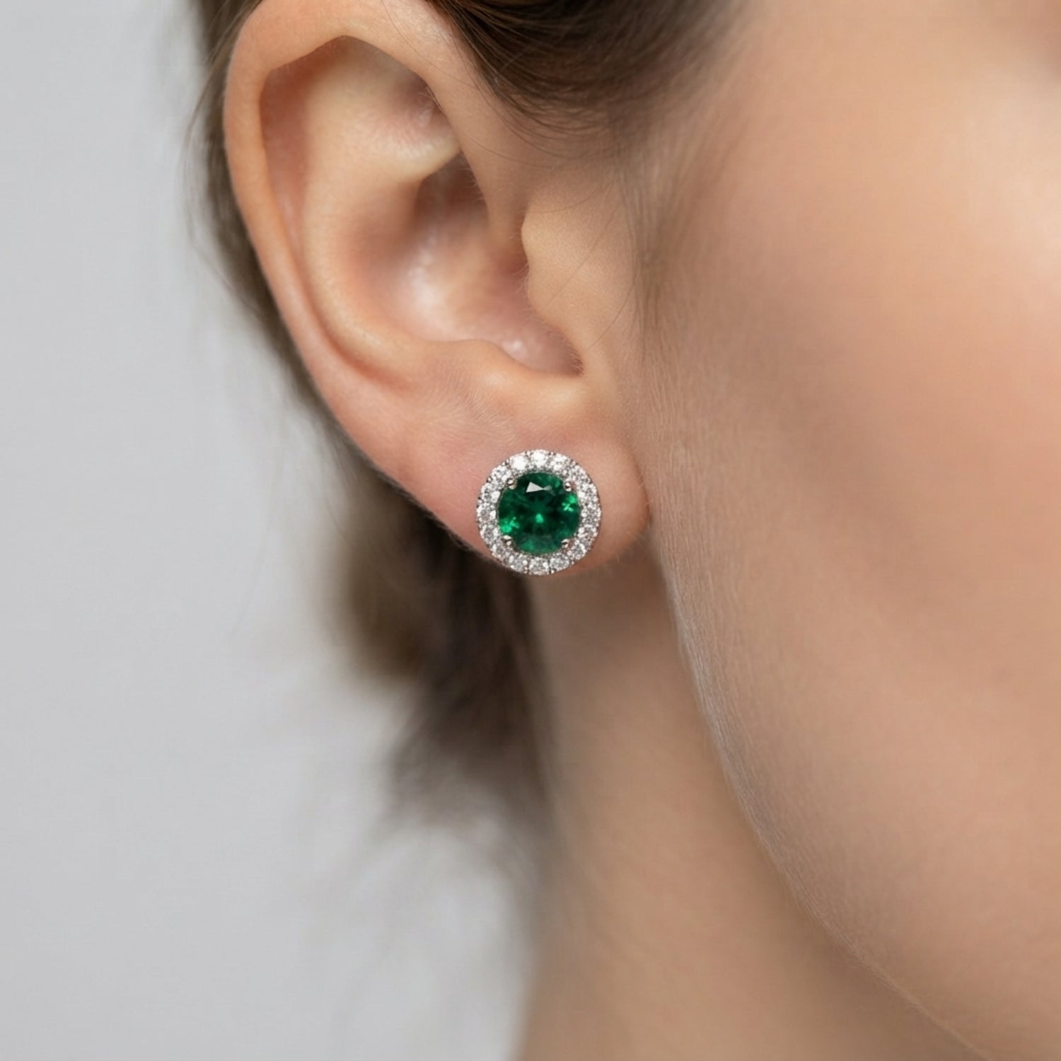 Green Emerald Halo Earrings in Gold - Gemstone Studs with Push Back
