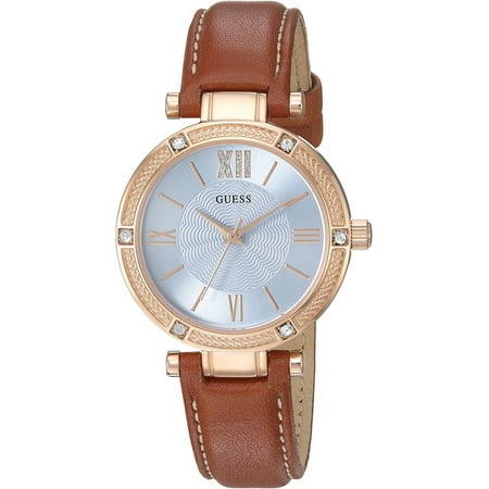 GUESS Women's Watch – Stainless Steel & Rose Gold Tone with Crystal Bezel and Leather Strap